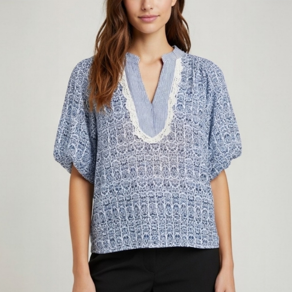 THML Alayah Floral Striped Ric-Rac Puff Sleeve Blue White Womens Size Small